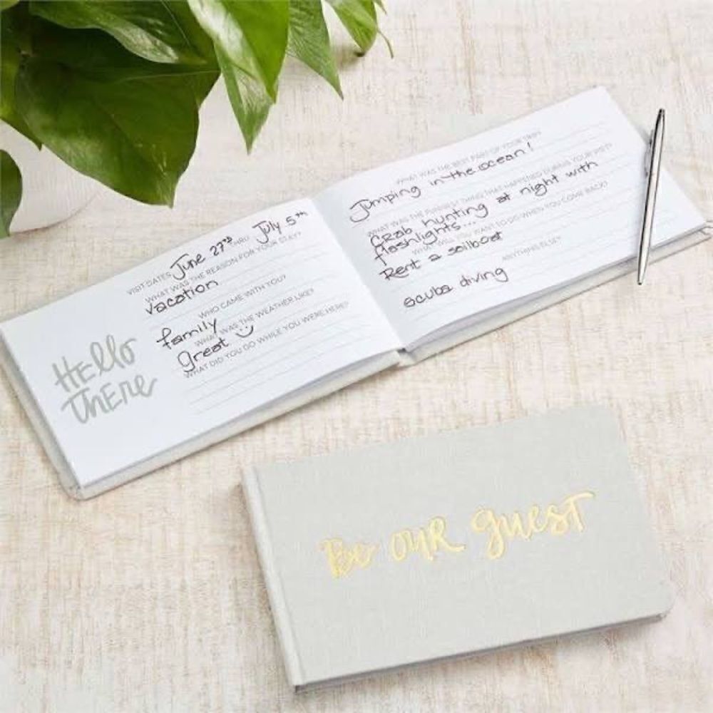 Be Our Guest Vacation Desk Book Linen Hardback Debossed Foiled lettering NWT